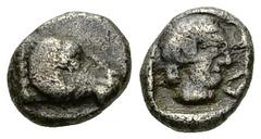 Caria, Incertum, AR Hemiobol Caria, Incertum. AR Hemiobol (6-7 mm, 0.51 g), c. 480-450 BC. Halikarnassos? Obv. Head of ram right. Rev. Female (?) head right, carian letters before, all in rectangular 