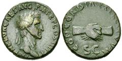 Nerva As, clasped hands reverse, RIC II 79 Nerva (96-98 AD). AE As (26 mm, 12.36 g), Roma (Rome), 97 AD. Obv. IMP NERVA CAES AVG P M TR P COS III P P, laureate head right. Rev. CONCORDIA EXERCITVVM, c