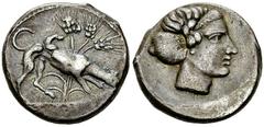 Segesta AR Didrachm, c. 410-405 BC Segesta (Sicily). AR Didrachm (8.47 g), c. 410-405 BC. Obv. [ΣΕΓEΣΤΑΖΙΒ] (retrograde, with Γ inverted), hound right, three grain stalks in background. Rev. Head of n