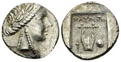 Olympos AR Hemidrachm Olympos, Lycia. Pseudo-League Coinage. AR Hemidrachm (14 mm, 2.75 g), c. 167- BC. Obv. Laureate head of Apollo right. Rev. OΛYMΠ, Lyre; to left, torch; to right, sword and shield