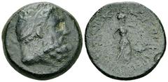 Patrai, AE Hemiobol or Hexachalkon Patrai , Achaia. AE pseudo-autonomous Hemiobol or Hexachalkon (22 mm, 7.99 g), end 40s AD. Obv. Head of Herakles to right, wearing tainia. Rev. MHTPOΔWPOC MENEKΛEOC 