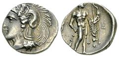 Herakleia AR Diobol, c. 340-330 BC Herakleia , Lucania. AR Diobol (12 mm, 1.02 g), c. 340-330 BC. Obv. Helmeted head of Athena left. Rev. Herakles standing front, holding club in right hand, bow and a