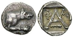 Argos Triobol, ex BCD Argos, Peloponnesos. AR Triobol (15mm, 2.28 g), c. late 2nd century-80s BC. Obv. Forepart of wolf at bay to right. Rev. A with Φ - A above and club right below. BMC 82; SNG Cop 4