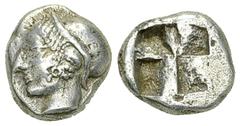 Phokaia AR Diobol, c. 521-478 BC Phokaia , Ionia. AR Diobol (10 mm, 1.31 g), c. 510-490 BC. Obv. Head of nymph left, wearing sakkos and earring. Rev. Quadripartite incuse. SNG Copenhagen 389-394; SNG 
