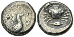 Akragas, AR Didrachm, c. 510-472 BC Akragas, Sicily. AR Didrachm (19 mm, 8.68 g), c. 510-472 BC. Obv. Sea eagle standing right with folded wings; ΑΚΡΑΓΑΣ around. Rev. Crab within incuse circle, a barl