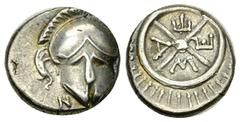 Mesembria AR Diobol, c. 450-350 BC Mesembria, Thrace. AR Diobol (11 mm, 1.26 g), c. 450-350 BC. Obv. Crested corinthian helmet facing, to left, N. Rev. M - E - T - A in four quarters of wheel, surroun