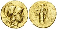 Alexander III AV Stater Kings of Macedon. Alexander III "the Great" (336-323 BC). AV Stater (19 mm, 8.36 g), c. 330-320 BC, Amphipolis. Obv. Head of Athena wearing Corinthian helmet to right. Rev. ΑΛΕ
