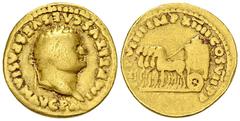 Titus Aureus, Quadriga reverse Titus (79-81 AD). Aureus (19 mm, 6.80 g), Roma (Rome), 79 AD. Obv. IMP TITVS CAES VESPASIAN AVG P M, laureate head right. Rev. TR P VIIII IMP XIIII COS VII P P, quadriga