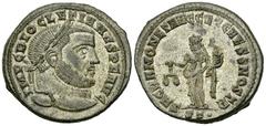Diocletianus Nummus, Ticinum mint Diocletian (284-305 AD). AE Nummus (10.38 g), Ticinum, c. 300-303 AD. Obv. IMP C DIOCLETIANVS P F AVG, Laureate head right. Rev. SACRA MONET AVGG ET CAESS NOSTR, Mone