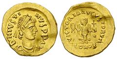Justin I AV Tremissis, Constantinople mint Justin I (518-527 AD). AV Tremissis (1.46 gm). Constantinople mint. Obv. D N IVSTINVS PP AVG, diademed, draped, and cuirassed bust right. Rev. VICTORIA AVGVS
