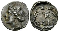 Hermione Triobol Hermione/Hermion, Peloponnesos. AR Triobol (15 mm, 2.20 g), c. 280s - c.250s BC. Obv. Head of Demeter Chthonia left, wearing grain wreath, pendant earring and necklace of pearls. Rev.