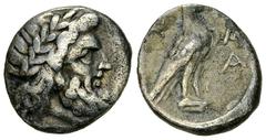 Olympia AR Hemidrachm Olympia , Elis. Zeus mint. AR Hemidrachm (14 mm, 2.23 g), c. mid 250 BC. Obv. Laureate head of Zeus to right. Rev. F - A / A, eagle standing to right. BCD 225; BMC 138. Rare. Nea
