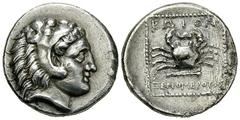 Kos AR Didrachm, c. 300-190 BC Kos, island off Caria. AR Didrachm (20 mm, 6.65 g), c. 300-190 BC. Obv. Head of Herakles right, wearing lion's skin. Rev. Crab above club; KΩIΩN above, magistrate name Ξ