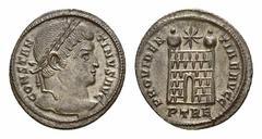 Constantine I AE Nummus, Trier mint Constantine I 'the Great' (306-337 AD). AE Nummus (19-20 mm, 2.93 g), 327-328 AD, Treveri. Obv. CONSTANTINVS AVG, Laureate head right. Rev. PROVIDENTIAE AVGG, Camp 