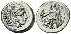 Alexander III AR Drachm Kings of Macedon. Alexander III (336-323 BC). AR Drachm (18 mm, 4.29 g), Miletos, c. 325-3. Obv. Head of Herakles to right, wearing lion’s skin headdress. Rev. ΑΛΕΞΑΝΔΡΟΥ, Zeus