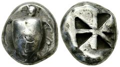 Aegina AR Stater, c. 480-457 BC Aegina , Island off Attica. AR Stater (19 mm, 12.20 g), c. 480-457 BC. Obv. Sea turtle with line of pellets down the back of its shell. Rev. Square incuse with large sk