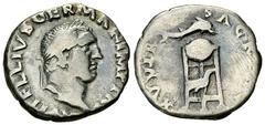 Vitellius AR Denarius, tripod reverse Vitellius (69 AD). AR Denarius (18 mm, 3.11 g), Roma (Rome). Obv. A VITELLIVS GERM IMP AVG TR P, laureate head right. Rev. XV VIR SACR FAC, tripod with dolphin ly