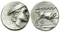 Aitolian League AR Triobol, c. 225-170 BC Aitolia, Aitolian League. AR Triobol (14-15 mm, 2.66 g), c. 225-170 BC. Obv. Head of Aetolia, wearing kausia, right. Rev. AITΩΛΩN, Calydonian boar standing ri