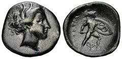 Lokri Opuntii AR Triobol, c. 330's BC Lokris, Lokri Opuntii. AR Triobol (17 mm, 2.37 g), c. 330's BC. Obv. Head of Demeter right, wearing wreath of grain ears Rev. OΠONTIΩN, Ajax advancing right, nude