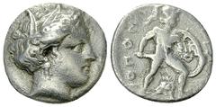 Lokri Opuntii AR Triobol, 350's BC Lokris, Lokri Opuntii. AR Triobol (14 mm, 2.46 g), c. 350's BC. Obv. Head of Demeter right, wearing wreath of grain ears Rev. OΠON-TIΩN, Ajax advancing right, nude b