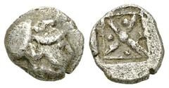 Incertum, AR Hemiobol Uncertain mint in Asia Minor . AR Hemiobol (7 mm, 0.47 g), 1st half of 5th Century BC. Obv. Helmeted head of Athena right. Rev. Star of four rays; pellets between rays; all withi