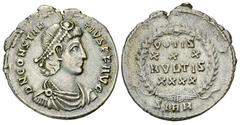 Constantius II AR Siliqua, Sirmium Constantius II (337-361 AD). AR Siliqua (20 mm, 2.24 g), Sirmium. Obv. D N CONSTANTIVS P F AVG, Pearl-diademed, draped and cuirassed bust to right. Rev. VOTIS / XXX 