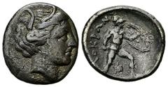 Lokri Opuntii AR Triobol, c. 300 BC Lokris, Lokri Opuntii. AR Triobol (2.76 g), c. 300 BC. Obv. Helmeted head of Athena right. Rev. ΛOKPΩN, Ajax advancing right, nude but for crested helmet, brandishi