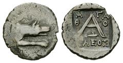 Argos AR Triobol, c. 80-50 BC Argos, Peloponnesos. AR Triobol (17 mm, 2.03 g), c. 80-50 BC. Obv. Forepart of wolf at bay to right. Rev. A with A-Γ A / Θ-O / KΛEΩΣ and harpa right below. BCD Peloponnes