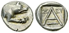 Argos Triobol, ex BCD Argos, Peloponnesos. AR Triobol (13-15 mm, 2.29 g), c. late 2nd century-80s BC. Obv. Forepart of wolf at bay to right. Rev. A with Z - EY above and club left below. BMC 62. Extre