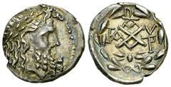 Elis AR Hemidrachm, ex BCD Elis, under the Achaean League. AR Hemidrachm (14-16 mm, 2.11 g), c. mid 1st Century BC (or later). Obv. Laureate head of Zeus right. Rev. Central monogram; above, monogram 