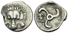 Perikles AR 1/3 Stater Dynasts of Lycia. Perikles (c. 380-360 BC). AR 1/3 Stater (17 mm, 2.94 g), uncertain mint. Obv. Facing lion's scalp. Rev. 'Perikles' in Lycian; triskeles; to left, laureate and 