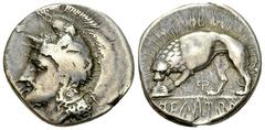 Velia AR Didrachm Velia , Lucania. AR Didrachm (21 mm, 7.50 g), c. 340-330 BC. Obv. Head of Athena left, wearing crested helmet decorated with centauress. Rev. YEΛHTΩN, lion to left, devouring prey; Φ