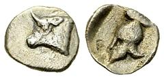Phokian League, AR Hemiobol Phokian League, Federal coinage . AR Hemiobol (8 mm, 0.27 g), circa 450-400 BC. Obv. Bull's head and neck to left. Rev. Corinthian helmet to left, placed diagonally in an i