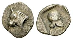Phokian League, Nikaia, AR Hemiobol Phokian League, Federal coinage. Nikaia . AR Hemiobol (8 mm, 0.46 g), circa 420-400 BC. Obv. Bull's head and neck to left. Rev. Corinthian helmet to right in incuse