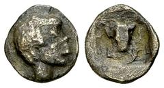 Delphi AR Hemiobol Phokian League, Federal coinage. Delphi . AR Hemiobol (7 mm, 0.48 g), early 5th Century BC. Obv. Male Ethiopian head to right. Rev. Goat’s head facing between two dolphins downwards