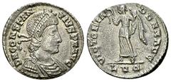 Constantius II AR Siliqua Constantius II (337-361 AD). AR Siliqua (17 mm, 1.87 g), Lugdunum (Lyon), 360-1. Obv. D N CONSTANTIVS P F AVG,draped bust right, wearing Pearl Diadem. Rev. VICTORIA DD NN AVG