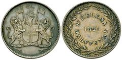 St. Helena 1/2 Penny 1821 British East India Company. St. Helena . Half Penny 1821 (29 mm, 9.54 g). KM A4. Good very fine. This coin was struck in the year of Napoleon's death on St. Helena.