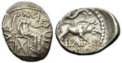 Epaticcus AR13, c. 35-43 AD (?), ex PA collection Trinovantes tribe , celtic Britain. Dynas Epaticcus (c. 35-43 AD). AR13 (1.15 g). Obv. TASCIO V, Victory seated right on chair, holding wreath. Rev. E