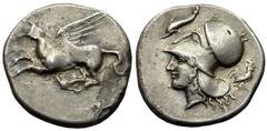 Corinth stater, Pegasos / Athena, ex De La Tour collection Corinth , Corinthia. AR Stater (22 mm, 8.35 g), c. 340-320 BC. Obv. Pegasos flying to left, ϙ below. Rev. Head of Athena facing to left, wear