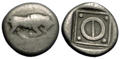 Phlious Hemidrachm, bull / large Φ, ex BCD, important die link (see note) Phlious , Phliasia. AR Hemidrachm (13-14 mm, 2.48 g), ca. 430-420 BC. Obv. Bull butting to right. Rev. Large Φ, lacking the ce