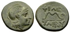 Attalid kings of Pergamon AE13, 2nd Century BC Attalid kings of Pergamon . AE13 (2.05 g), Pergamon, Mysia, c. 200-133 BC. Obv. Helmeted head of Athena right. Rev. ΦIΛE-TAIPOY around bow. SNG München 2
