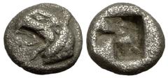 Phokaia AR Diobol, c. 500 BC Phokaia , Ionia. AR Diobol (9-10 mm, 1.56 g), c. 500 BC. Obv. Head of griffin left. Rev. Incuse square. BMC Ionia p. 215, 82. Scarce. Toned, a bit rough. Very fine.