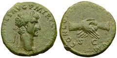 Nerva As, clasped hands reverse, RIC II 79 Nerva (96-98 AD). AE As (25 mm, 11.65 g), Roma (Rome), 97 AD. Obv. IMP NERVA CAES AVG P M TR P COS III P P, laureate head right. Rev. CONCORDIA EXERCITVVM, c