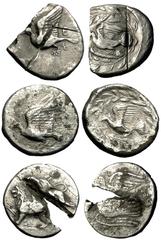 Lot of three plated Sicyon forgeries, all ex BCD Sicyon , Sicyonia. Lot of three plated forgeries. 1. 15-17 mm, 2.66 g. Drachm. 2. 16-17 mm, 4.17 g. Drachm. 3. 17 mm, 2.48 g. Hemidrachm. Fine to very 