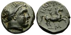 Philip II of Macedon AE 17 Kings of Macedon. Philip II (359-336 BC). AE 17 (6.52 g). Obv. Head of Apollo right, wearing tainia. Rev. ΦΙΛΙΠΠΟΥ, Youth on horseback right, MA monogram below. SNG ANS 844.