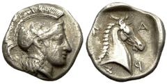 Pharsalos AR Hemidrachm, head of Athena / head of horse Pharsalos , Thessaly. AR Hemidrachm (16 mm, 2.85 g), c. 424-405 BC. Obv. Helmeted head of Athena right. Rev. Φ-A-P-Σ around horse head right. SN