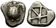 Aegina Stater, turtle / incuse Aegina, islands off Attica. AR Stater (19-22 mm, 12.16 g), c. 457-431 BC. Obv. Tortoise seen from above. Rev. Incuse square divided into five compartments. Milbank pl. I