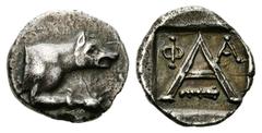 Argos Triobol, ex BCD Argos , Peloponnesos. AR Triobol (15mm, 2.28 g), c. late 2nd century-80s BC. Obv. Forepart of wolf at bay to right. Rev. A with Φ - A above and club right below. BMC 82; SNG Cop 