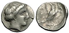 Olympia Hemidrachm, head of Olympia / eagle, ex Rhousopoulos and ex BCD Olympia , Hera mint. AR Hemidrachm (15-16 mm, 2.65 g), c. 320s BC. Obv. Head of Olympia to right, wearing earring and necklace, 