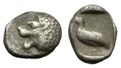 Milet AR Tetartemorion, c. late 6th to early 5th Century BC Miletos , Ionia. AR Tetartemorion (5-6 mm, 0.24 g), c. late 6th to early 5th Century BC. Obv. Head of roaring lion left. Rev. Eagle standing
